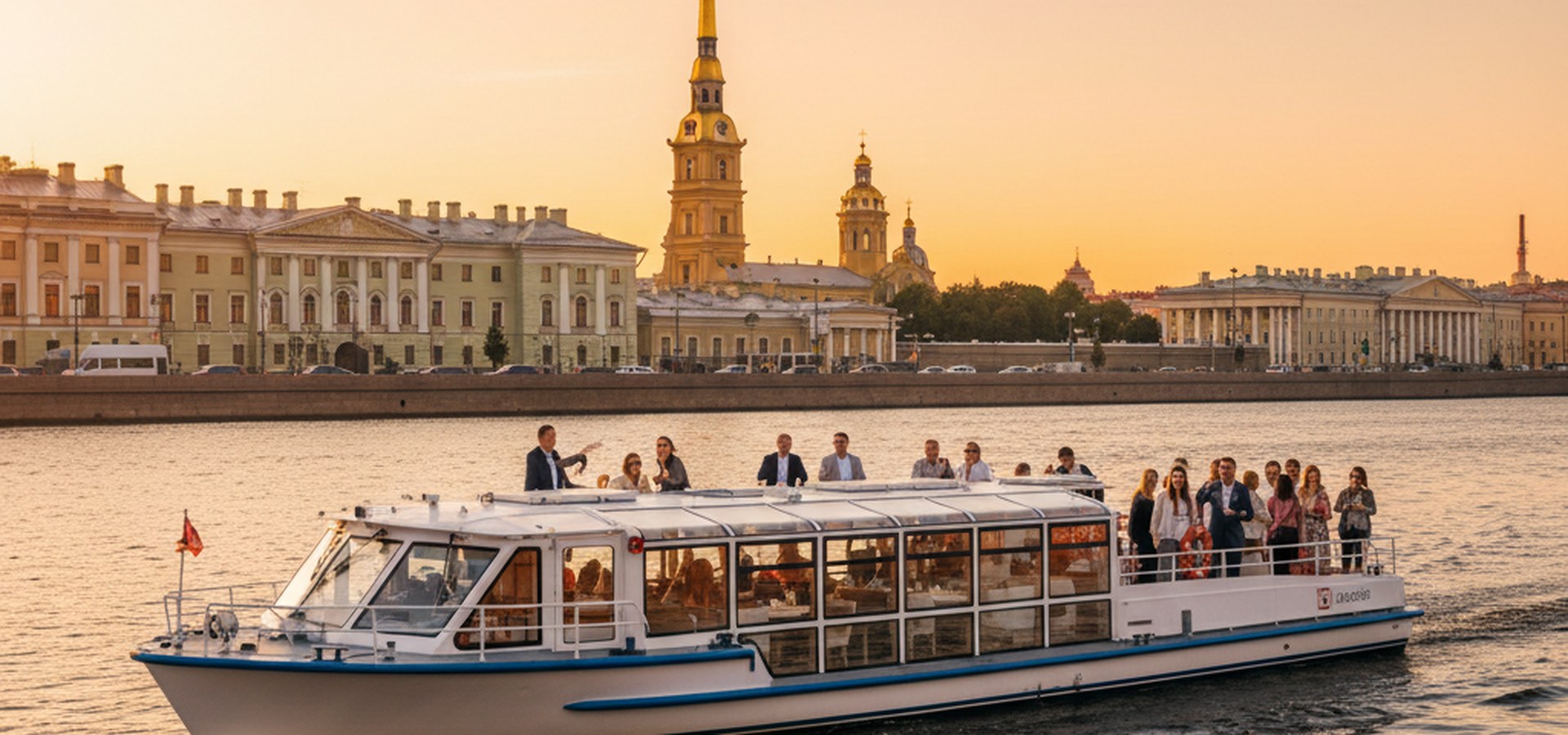 Компания двадцати гостей на мини-теплоходе у Петропавловской крепости в закатном свете