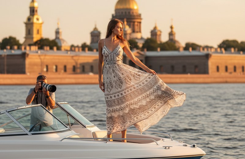 Девушка позирует фотографу на открытом носу катера у Петропавловской крепости