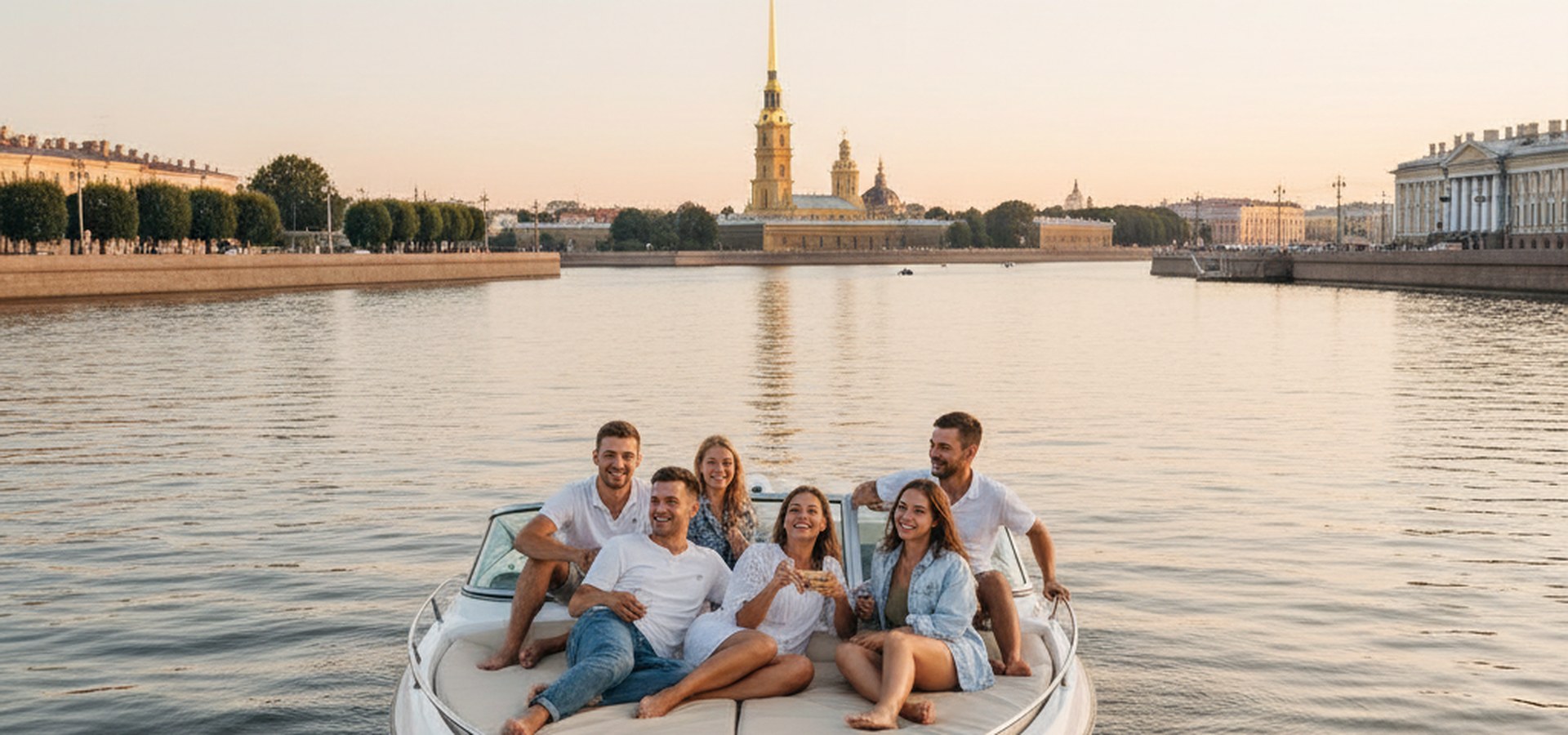 Открытоносый прогулочный катер с компанией друзей у Петропавловской крепости