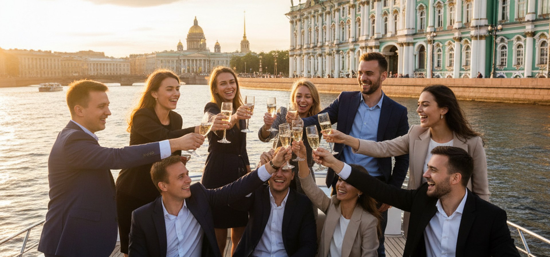 Корпоративная компания на катере с видом на Эрмитаж в Петербурге