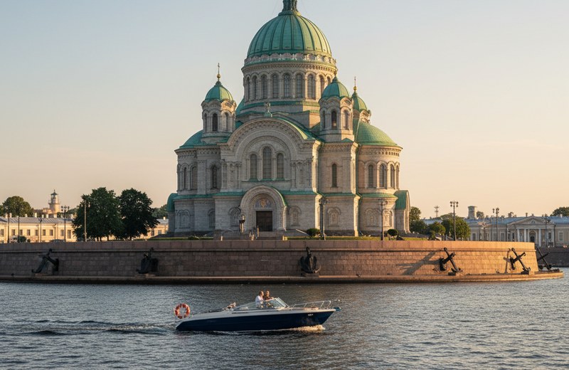 Византийский купол Морского Никольского собора над крышами Кронштадта