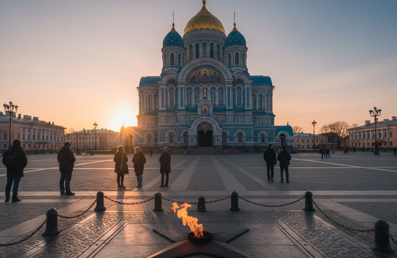 Якорная площадь Кронштадта с чугунной мостовой и фасадом Никольского собора