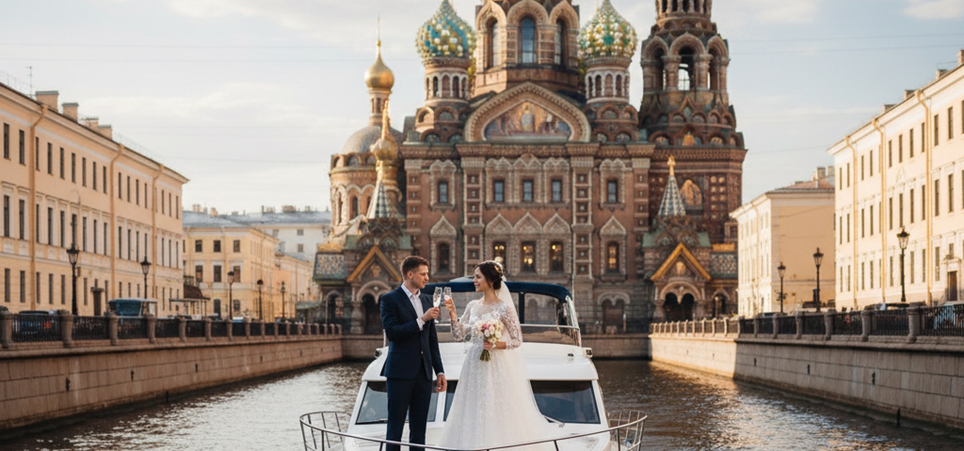 Молодожёны на белом катере у Спаса-на-Крови в солнечный день