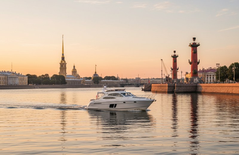 Моторная яхта на Неве у Ростральных колонн Стрелки Васильевского острова
