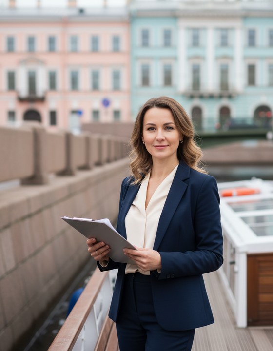 Анна Левина — менеджер отдела теплоходов КатерФлот на причале однопалубного теплохода