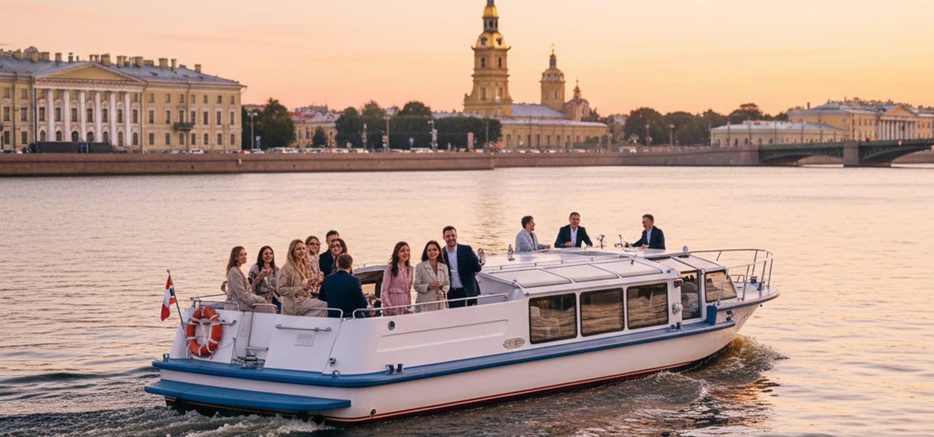 Компания из пятнадцати гостей на корме однопалубного кораблика у Петропавловской крепости