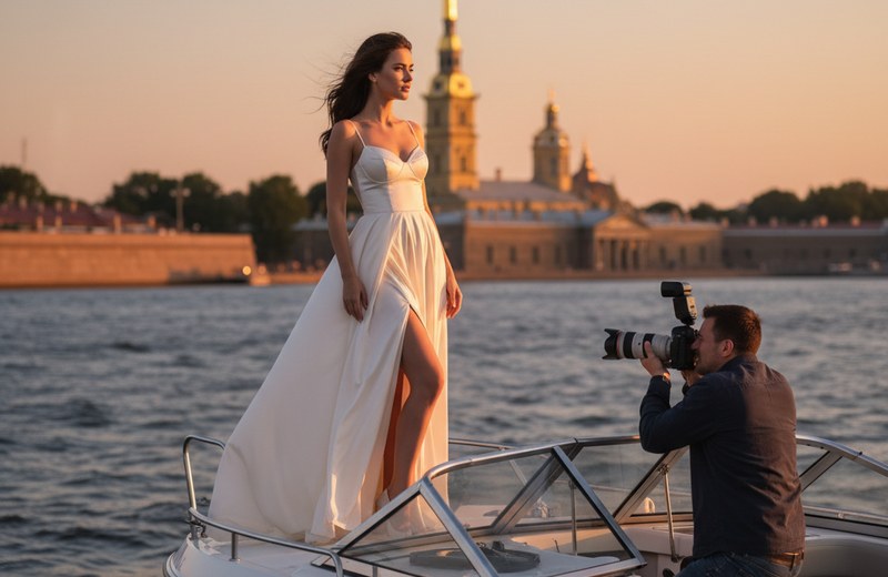Фотограф снимает девушку на палубе катера на фоне закатного Петербурга