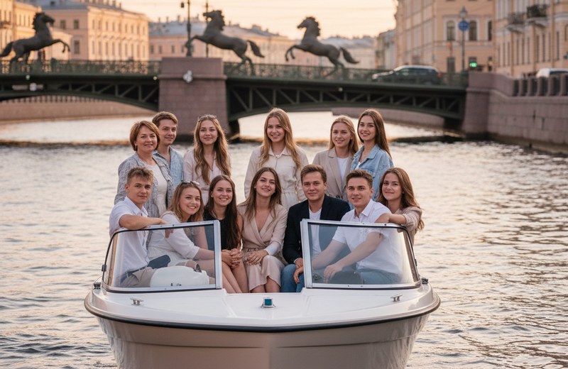 Выпускники одного класса на открытой палубе катера у Фонтанки