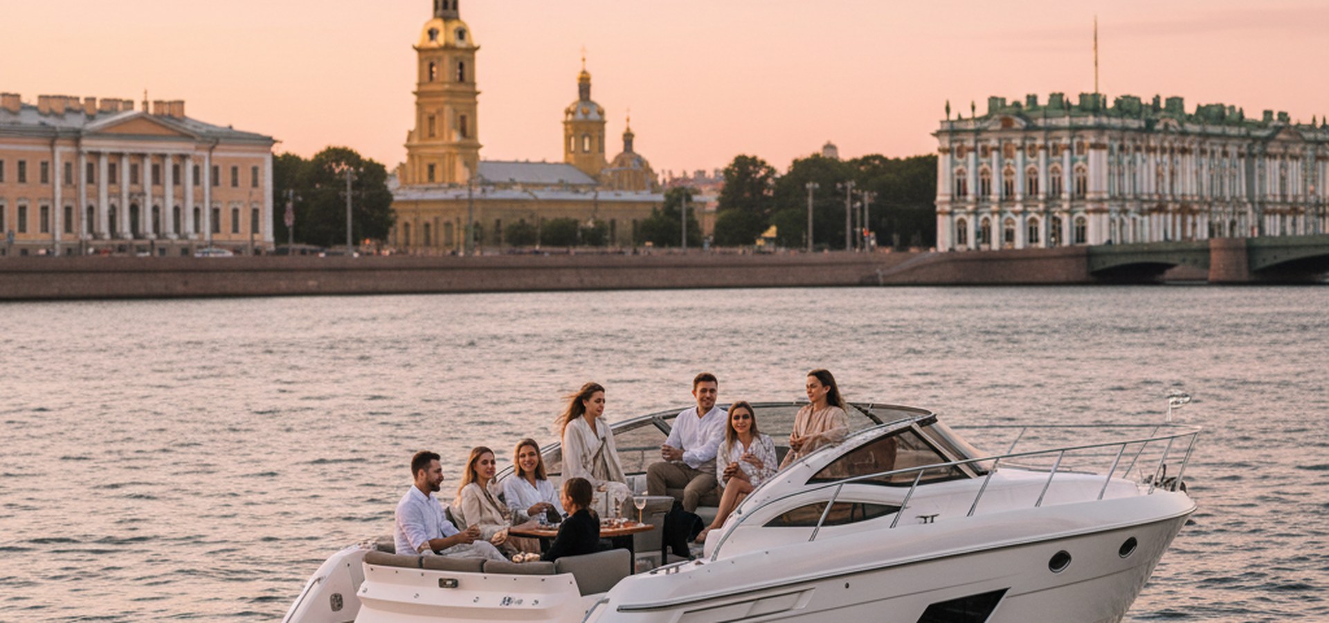 Моторная яхта на 10 гостей идёт по Неве на фоне Петропавловской крепости