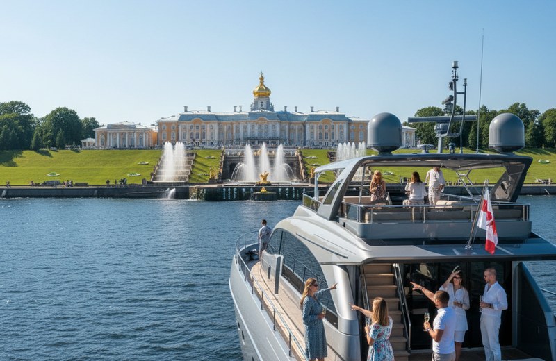 Яхта на якорной стоянке у Нижнего парка Петергофа с видом на Гранд-каскад