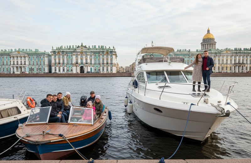 Сравнение небольшого катера и моторной яхты у одной набережной Петербурга
