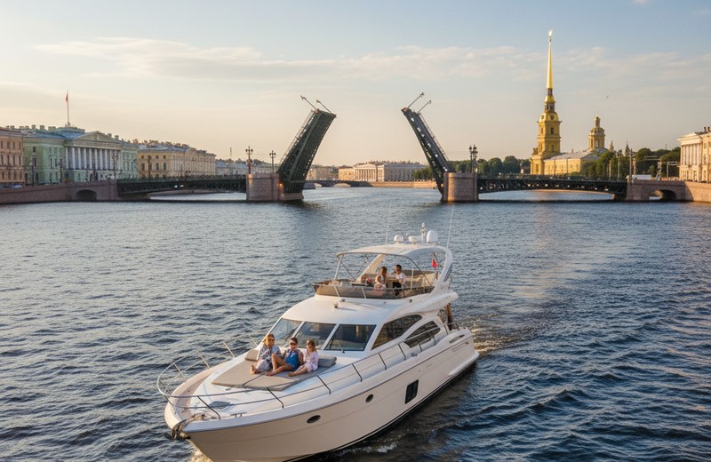 Моторная яхта у Дворцового моста на Большой Неве днём